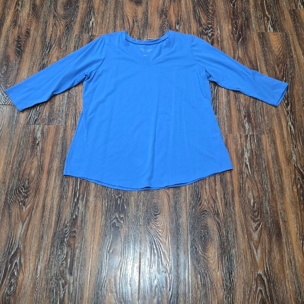 Susan Graver XL Top Women Blue V-Neck 3/4 Sleeve Weekend Cotton Essentials